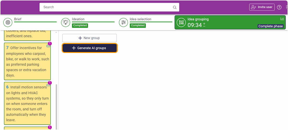 Start creating your own groups by clicking + New group or click on let AI generate groups for you by clicking + Generate AI groups. AI will generate groups for you and move ideas to the right groups automatically.